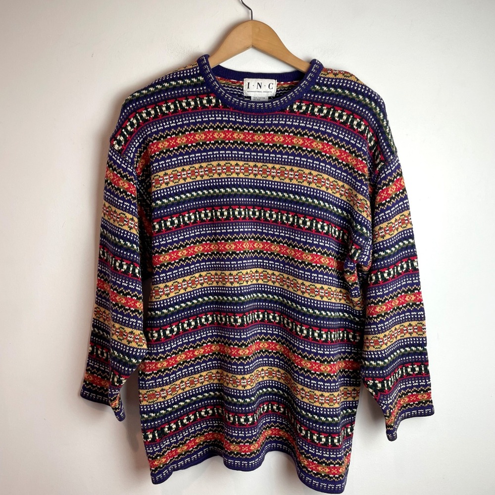 INC Vintage Fair Isle Cotton Sweater Medium Striped Cotton Nordic Jewel Tone